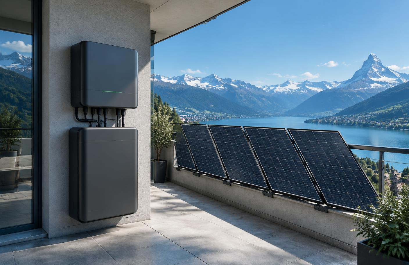 Neutrale Darstellung eines modularen Balkon-Solarsystems mit vier Modulen und Speicher